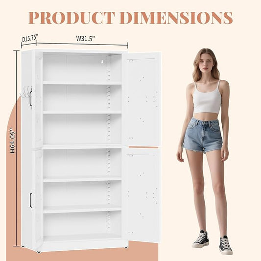 64" H White Steel Kitchen Pantry Storage Cabinet with Barn Doors | Metal Farmhouse Cabinets for Living Room, Bathroom, Heavy Duty Rustic Pantry