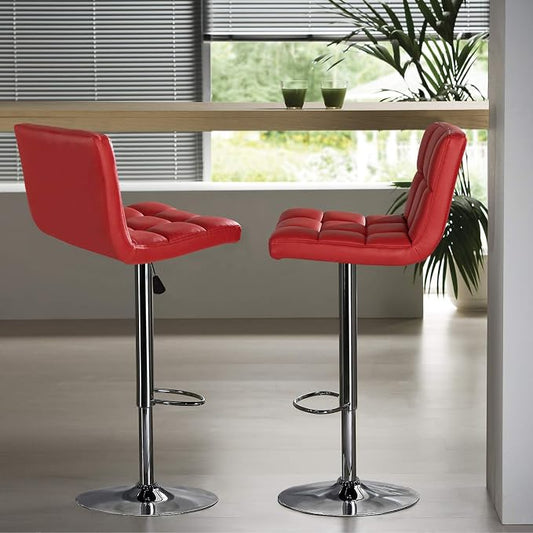 Furniwell Bar Stools Modern Pu Leather Swivel Adjustable Barstools Armless Counter Height Swivel Bar Stool Synthetic Leather Height Square Barstool with Set of 2 (Red)