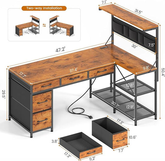 SEDETA L Shaped Desk with Drawers and Hutch, 47.2" Reversible Office Computer Desk with 5 Fabric Drawers, L Shaped Desk with Storage Shelves, Power Outlet and LED Lights for Home Office, Rustic Brown