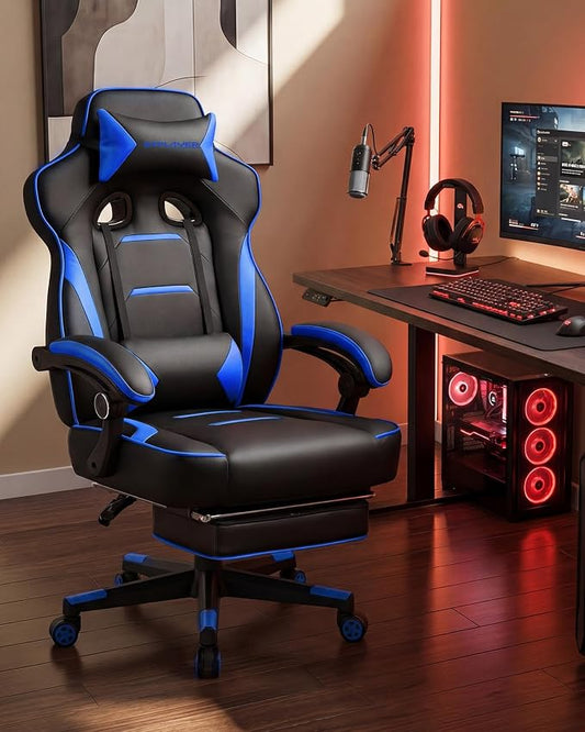 GTPLAYER Gaming Chair with Footrest, Big and Tall Game Chair 350lb Racing Style Computer Chair, Ergonomic Executive Office Chair High Back with Lumbar Support and Recliner, Blue