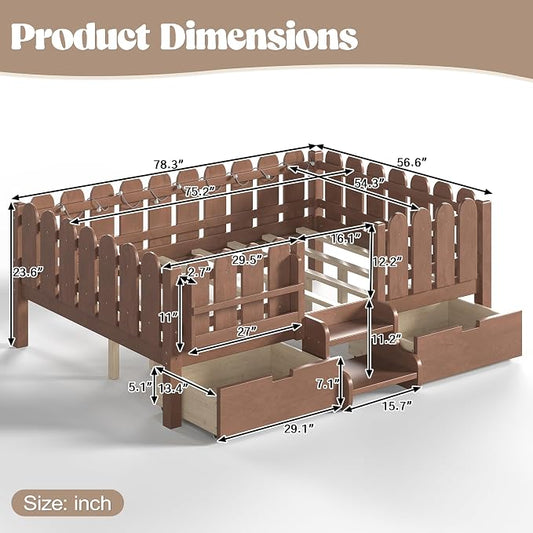 Bellemave Full Kids Montessori Bed with Stairs, Bookshelf and LED Lights, Solid Wood Kids Bed Frame with Storage Drawers for Boys Girls, Low Profile,Deep Natural
