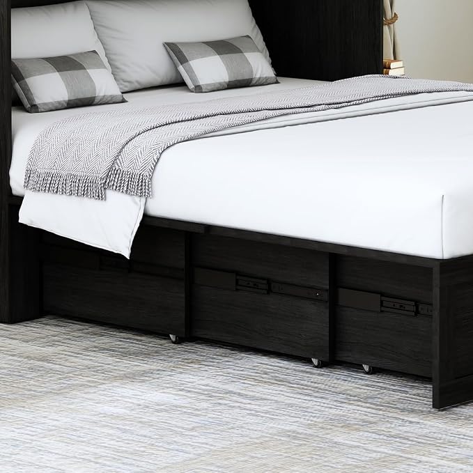 Full Murphy Bed with Storage & Charging Station, Farmhouse Murphy Cabinet Bed with Large Drawer, Hideaway Foldable Platform Bed for for Guest Room, Bedroom, Home Office, Black