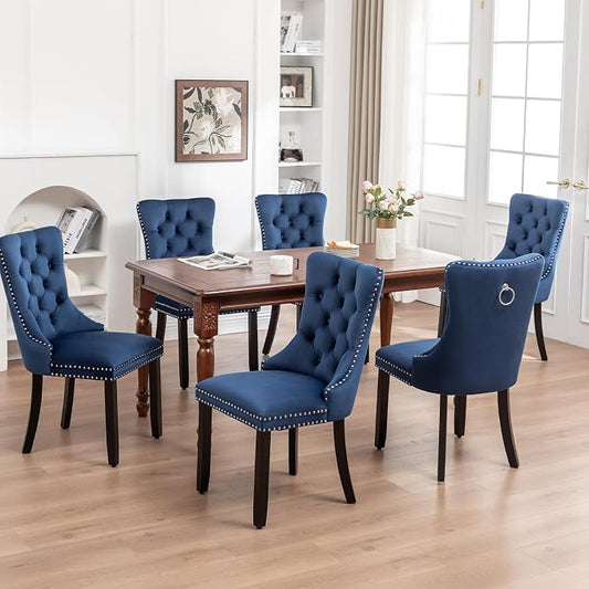 Hixkol Velvet Dining Chairs Set of 6,Upholstered Dining Chairs with Ring Pull Trim and Button Back,Modern Seating for Kitchen, Bedroom & Living Room(Blue)