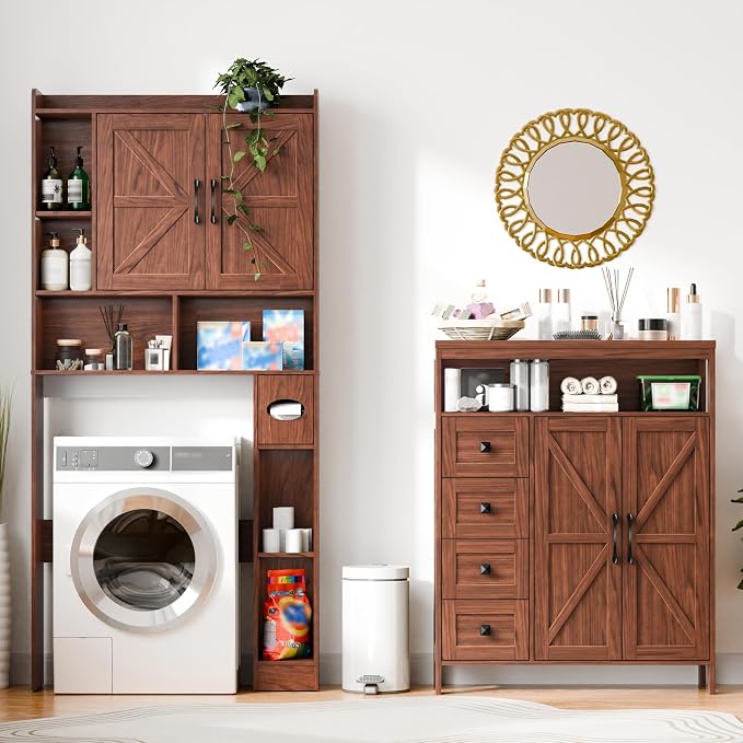 Vabches Farmhouse Storage Cabinet with 2 Doors and 4 Drawers, Freestanding Bathroom Compartment Kitchen Pantry Cabinet, Floor Cupboard for Kitchen/Living Room/Bathroom,Walnut