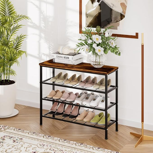 4-Tier Metal Shoe Rack with Wood Top - Durable & Space-Saving Shoe Organizer,Industrial Shoe Organizer Shelf Bench Storagefor Closet Entryway, Bedroom & Hallway - Bronze+Black 28.5 W × 25.5" H