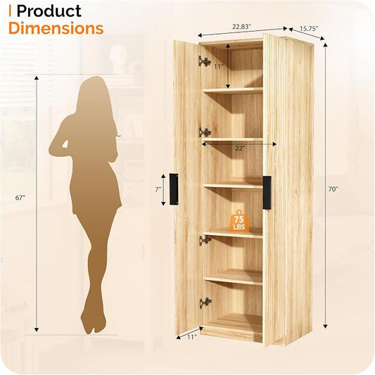 VINGLI 70" Modern Pantry Cabinet with Fluted Doors, 5 Adjustable Shelves, Tall Storage Solution for Kitchen, Dining Room, or Living Room, Oak