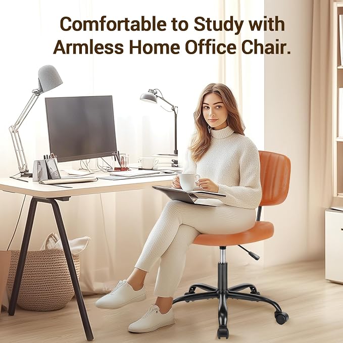 YSSOA Home Office Chair Desk Chair with Low Back and Wheels PU Leather Computer Chair Ergonomic Adjustable Height Comfy Chair Armless with Swivel Rolling Vanity Chairs for Bedroom Adult Brown