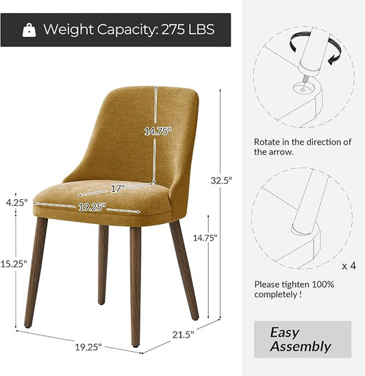 Upholstered Dining Chairs Set of 6, Fabric Dining Room Chairs with Curved Backrest, Solid Wood Legs, Modern Kitchen Chairs for Dining Room Living Room, Mustard