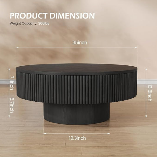 YOUDENOVA 35” Round Fluted Coffee Table, Modern Wood Circle Coffee Table, Veneer Handcrafted Relief Tea Table with Sturdy Pedestal for Living Room - Black