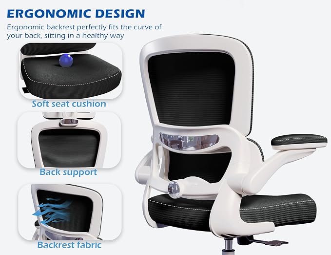TRALT Ergonomic Office Chair - Desk Chair with Adjustable Lumbar Support Computer Chair - Mesh Comfy Chair with Flip-up Armrests - Gaming Chairs for Adults Home Office (PU Leather, Black White)