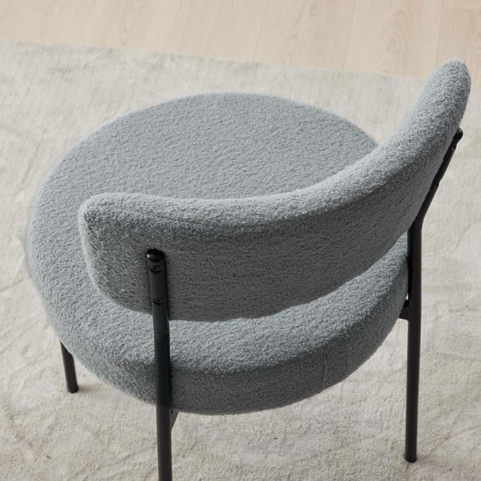 Boucle Dining Chairs Set of 8, Grey Mid Century Modern Kitchen Dining Room Chairs with Curved Backrest and Metal Frame, Round Upholstered Dining Chairs for Kitchen, Living Room