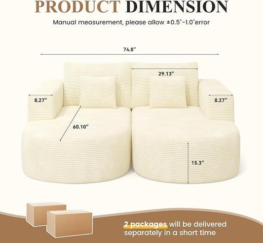 Modular Sectional Sofa Bed,Convertible Cloud Couches for Living Room,2 Chaise Corduroy Boneless Couch Sleeper Sofa Set,Oversized Chaise Lounge Chair for Bedroom,No Assembly Required,Beige 1PCS