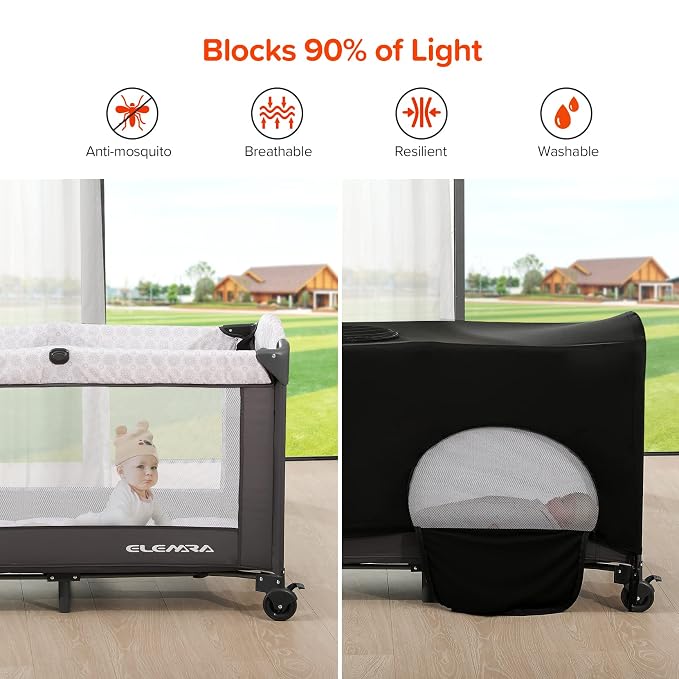 ELEMARA Baby Bassinet Bedside Crib with Diaper Changer, Pack and Play with Mattress for Baby,4 in 1 Playpen Travel Bed with Storage,Playard with Adjustable Height