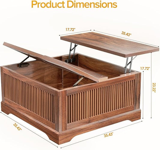 Memobarco Lift Top Coffee Table with Storage, Fluted Coffee Tables with Lifting Top, Modern Farmhouse Square Center Table for Living Room, Home Office, with Hidden Compartment, Flip-Up Lids, Walnut