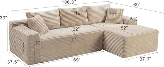 105-Inch L-Shaped Right Facing Corner Compressed Sofa Modular Sectional Boneless Cloud Sofa Floor Foam Couch with Chaise Lounge, Corduroy Corner Boneless Cloud Couch