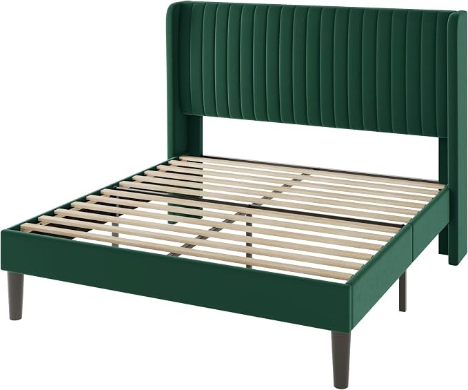 Allewie Queen Size Bed Frame/Velvet Upholstered Platform Bed/Vertical Channel Tufted Wingback Headboard/Strong Wooden Slats/No Box Spring Needed/Easy Assembly/Green