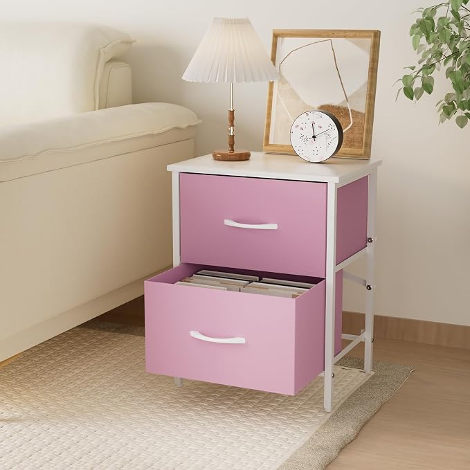 Stero Nightstand Set of 2, Kids Dresser with 2 Drawers, Steel Frame Bedside Furniture, Wood Top Fabric Night Stand, Colorful End Table for Home, Bedroom, Office, Pink