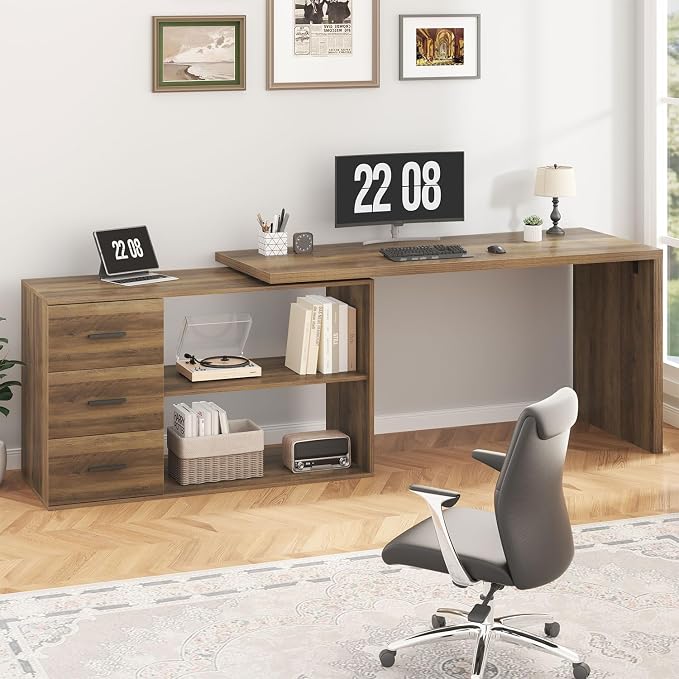 HSH L Shaped Office Desk with Drawers Shelves 55-76 Inch, Corner Computer Desk with Storage 360 Rotating Long for Work, Executive, Study, Writing, Teacher, Bedroom Modern Gaming Table Farmhouse