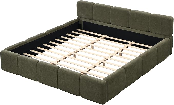 Merax King Size Boucle Platform Bed with Thick Headboard and Footboard, Block Style Upholstery Floor Bed Frame, Green