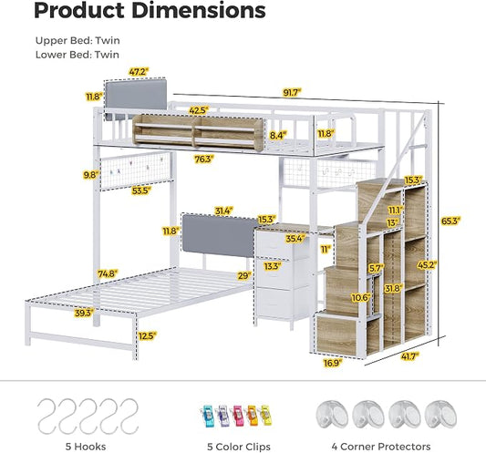 Kikihouse Twin Over Twin Loft Bunk Bed with Desk, Stairs, Drawers & Storage Shelves, L-Shaped Metal Bunk Bed with Charging Station & LED Light for Kids, Teens, Adults (Twin Over Twin)