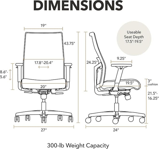 HON Ignition 2.0 Mid‑Back Ergonomic Office Chair, Mesh Task Desk Chair with Lumbar Support, Standard Synchro‑Tilt, Height and Width Adjustable Arms, Titanium Frame, Black