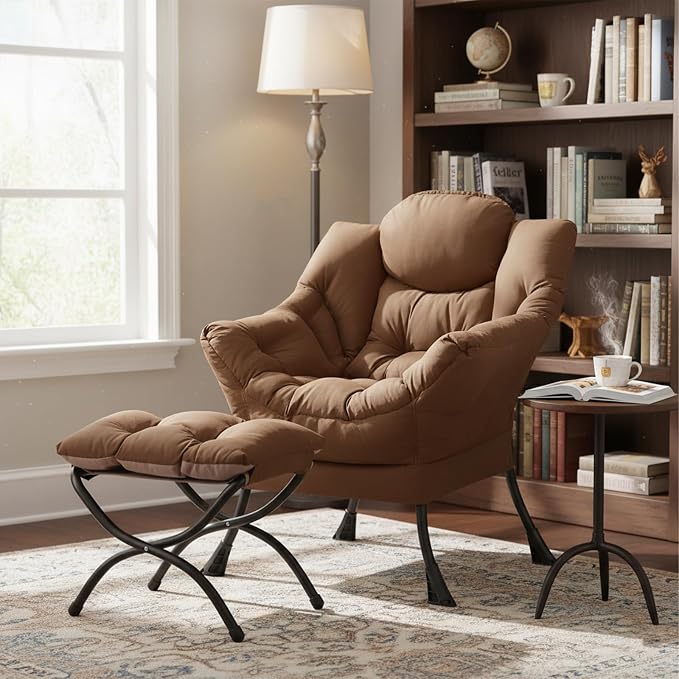 Welnow Lazy Chair with Ottoman, Modern Accent Armchair with Armrests and a Side Pocket, Leisure Sofa Armchair Set, Reading Chair with Footrest for Small Space, Dark Brown