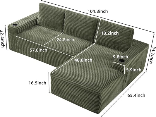 104" L Shaped Boneless Sectional Couches for Living Room, Comfy Corduroy Floor Cloud Sofa with Chaise and Cup Holder, Wide Armrest, Deep Seat, Assembly Free, Ideal for Small Spaces, Green