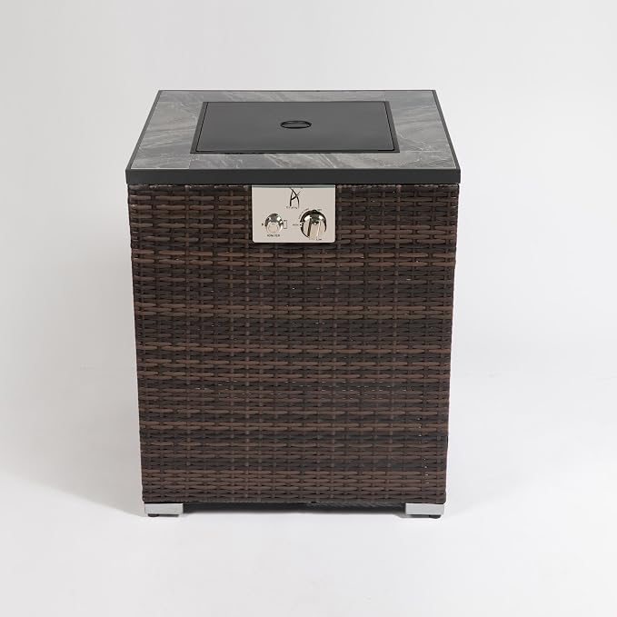 24" Square Propane Gas Fire Pit Table, 50,000 BTU Outdoor Patio Heater with Tile Top, Wicker Base, Blue Glass Beads & Wind-Resistant Glass Guard, Espresso