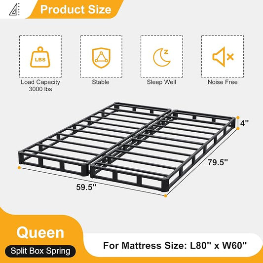 Lutown-Teen 4 Inch Split Queen Box Spring, Heavy Duty Metal Box Spring for Queen Bed Mattress Foundation with Fabric Cover, Easy Assembly, Noise Free