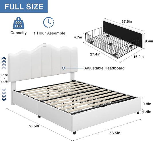 VECELO Full Size Bed Frame with 4 Drawers, Adjustable Headboard, Upholstered Platform with Wood Slats Support, Built-in USB and Type C Ports, Off White