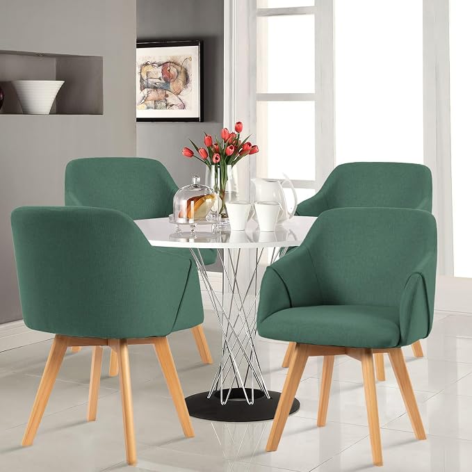 Swivel Dining Chairs Set of 4, Mid Century Modern Dining Chairs with Arms, Linen Fabric Upholstered Kitchen Dining Room Chairs with Solid Wood Legs for Living Room,360°Swivel Accent Desk Chair, Green