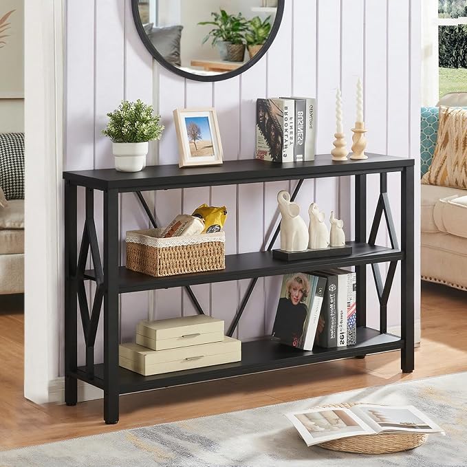 HOMISSUE Sofa Console Table, Rustic Console Table with 3-Tier Storage, Engineered Wood Sofa Tables with Open Shelves, Heavy Duty Entryway Tables for Living Room, Hallway (47 Inch, Black)