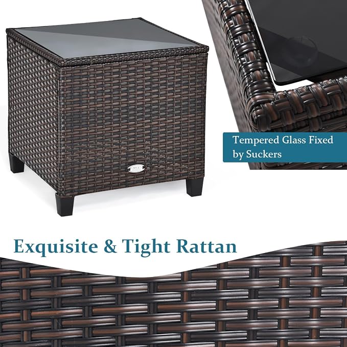 COSTWAY 3PCS Patio Furniture Set, PE Rattan Wicker Sofa w/Washable Cushion and Coffee Table, Tempered Glass Tabletop, Outdoor Conversation Set for Balcony, Porch, Yard, Backyard, Lawn (Blue)