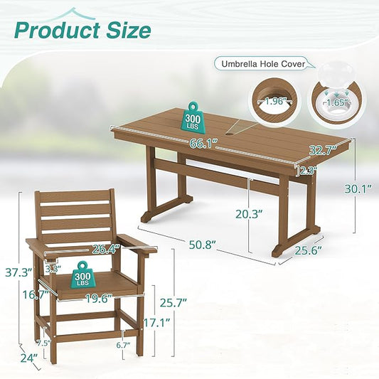 7 Piece Patio Dining Set, 66" Rectangle HDPS Weather Resistant Outdoor Table & 6 Patio Chairs Set with 1.96" Umbrella Hole, Heavy Duty Chairs for Backyard Balcony Deck, Brown