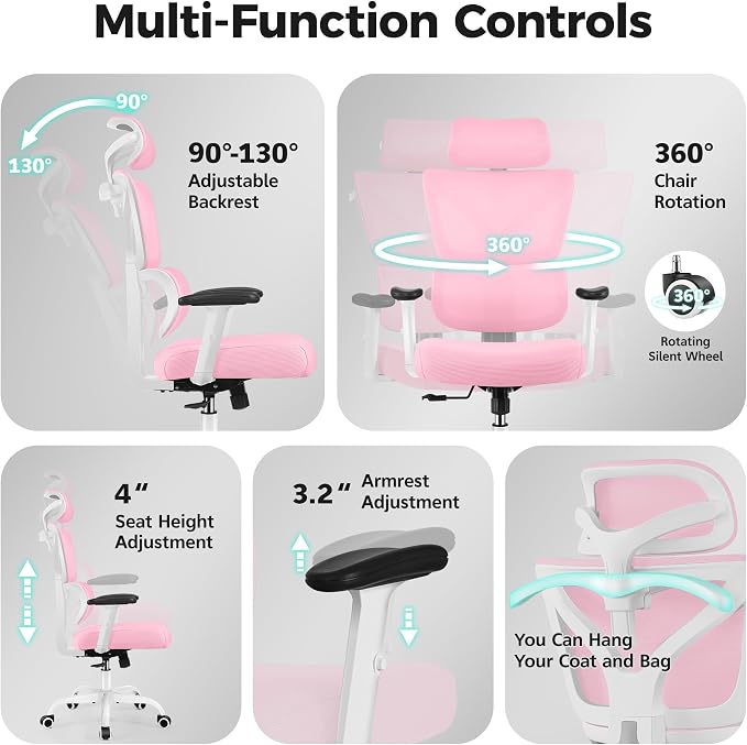 Ergonomic Office Chair High Back Desk Chair with Lumbar Support, Breathable Mesh Computer Chair with Adjustable Armrests Height, Reclining Swivel Big and Tall Gaming Chair for Home Office(Pink)