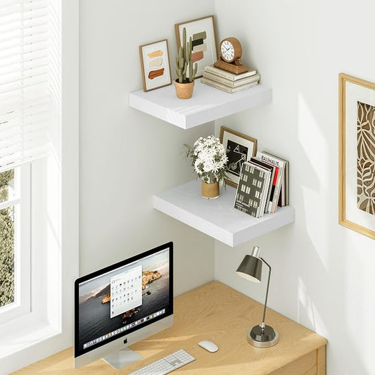 Vivelove White Floating Shelves Over Toilet 12 Inches Deep, 16x12 Floating Shelves for Wall with Invisible Brackets, Room Shelves for Living Room Bedroom Bathroom Kitchen Office, Set of 2