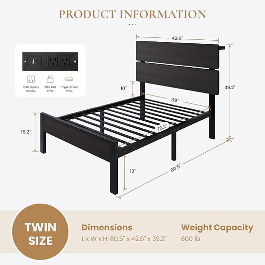 SHA CERLIN Twin Size Bed Frame with Led Light & Built-in Charging Station, Wooden Headboard with Storage Shelf, Metal Platform Bed, Under Bed Storage, No Box Spring Needed, Noise Free, Black