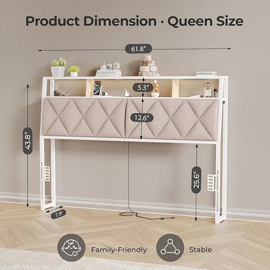 Queen Headboard Only, Headboard for Queen Size Bed with Storage, Upholstered Headboards with LED Lights & Charging Station, Attach Frame, Ideal for Bedroom/Dorm/Guest Room, White & Beige