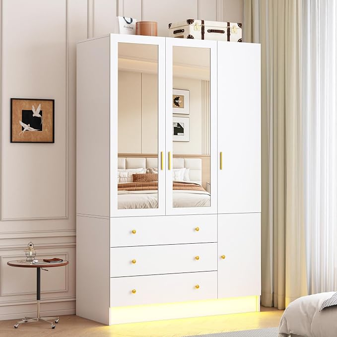 75" Tall 3 Doors Armoire Wardrobe Closet with 3 Drawers, Wooden Wardrobe Cabinet with LED Lights & Mirror, Freestanding Clothing Storage Cabinet with Hanging Rod, Adjustable Shelves (White, 3 Doors)