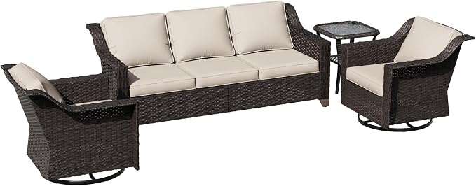 4 Pieces Patio Conversation Furniture Set - 1 Sofa, 2 Swivel Chairs, 1 Side Table, Outdoor Wicker Furniture with Removable Cushions for Porch, Balcony, Sunroom (Beige)