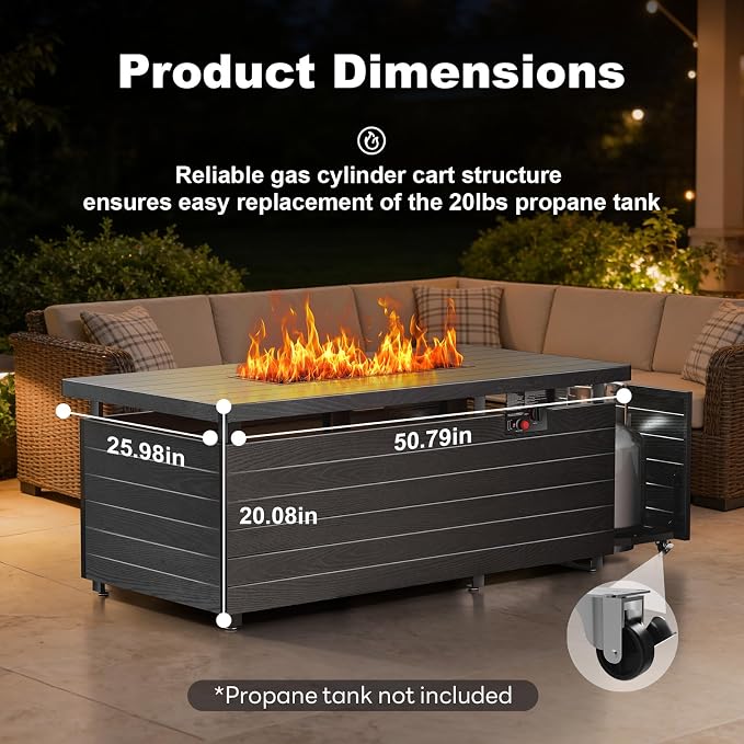 51 Inch Outdoor Propane Fire Pit Table, 50000 BTU Rectangular Propane Fire Pit with Steel Tabletop & Sliding Tank Holder, 4-in-1 Gas FirePit Table with Blue Glass Stones for Patio, Backyard