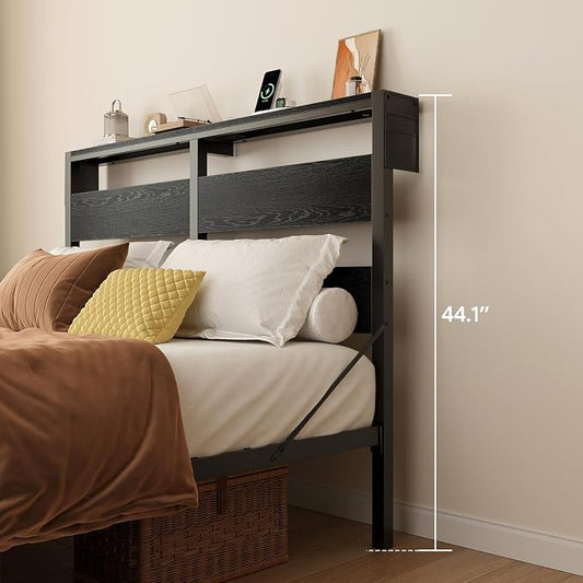 Bestier Queen Size Bed Frame with Headboard and Charging Station, Black Queen Bed Frame with LED Light, Non-Slip Platform Bed Frame Queen Size, Noise-Free, Easy Assembly, Black