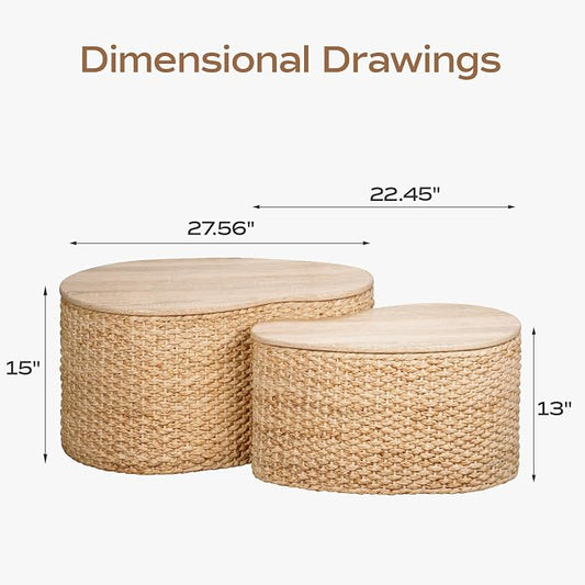 Cloud Nesting Coffee Table Set of 2 with Storage - Handwoven Wicker Rattan Ottoman Style, Boho Coastal Coffee Tables for Living Room, Rattan Coffee Table with Cover & Soild Wood Frame