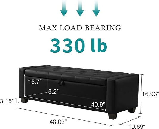 Huatean Home 48" Ottoman with Storage, Storage Ottoman Bench with Safety Hinge, Upholstered Entryway Bench with Seating for Bedroom, Living Room, Holds up to 330 lb, Light Black