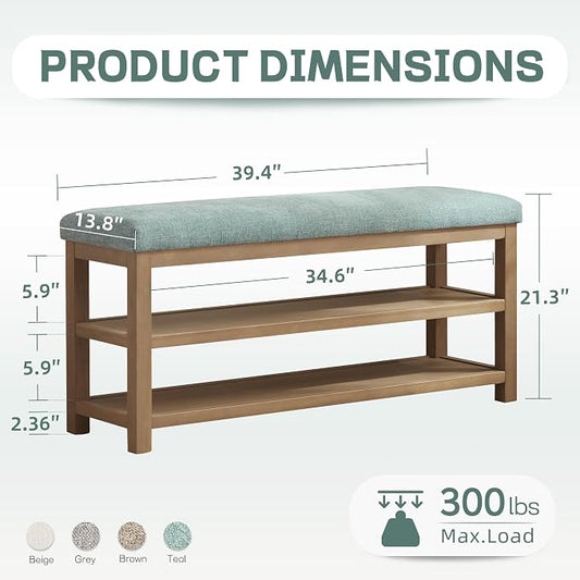 Zihanhome Shoe Rack Bench with Cushion, 2 Tier Solid Wood Storage Bench, Mid-Century Modern Shoe Bench for Entryway, Hallway, Closet, Front Door Entrance, Foyer (Teal, 39.4")