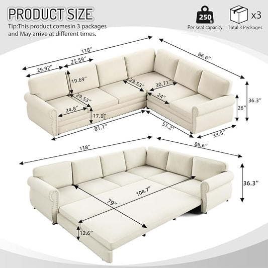 118" L-Shaped Sleeper Couch Bed - Oversize Convertible with Pull-Out Sofa Bed, Button Tufted Chesterfield Sofa, Chenille Sectional Vintage Couches for Living Room/Apartment(6-Seater, Beige)