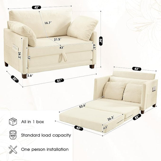 Myroyalsit 51" Convertible Loveseat Sofa Bed, 2-in-1 Folding Sofa Bed with 2 Pillow for Small Spaces, Modern Loveseat Sleeper Couch for Apartment, Living Room & Guest Room (Corduroy Beige, 51 inch)