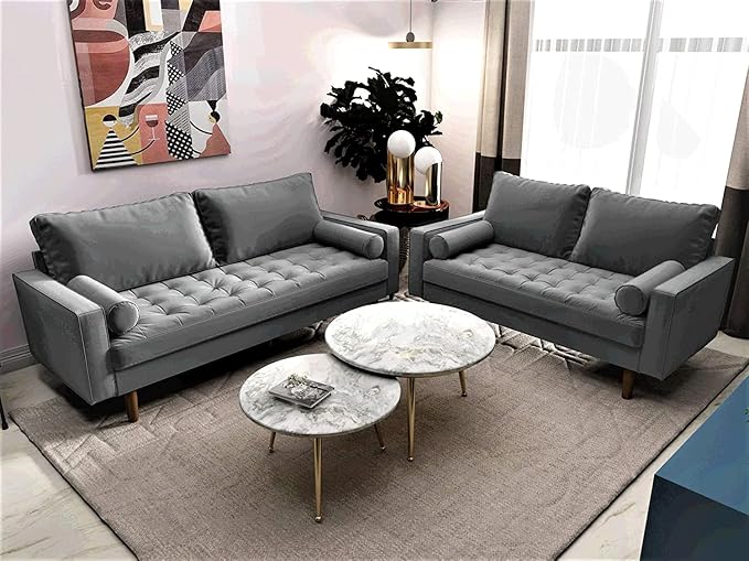 Container Furniture Direct Womble Mid Century Modern Velvet Upholstered Tufted Seat with Bolster Pillows, Sofa, Grey