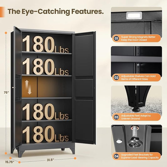 Yizosh Metal Pantry Cabinet, 75" Kitchen Pantry with 2 Door and 4 Adjustable Shelves,Black Metal Pantry Storage Cabinet,Cupboard for Kitchen,Dining Room,Living Room and Bathroom