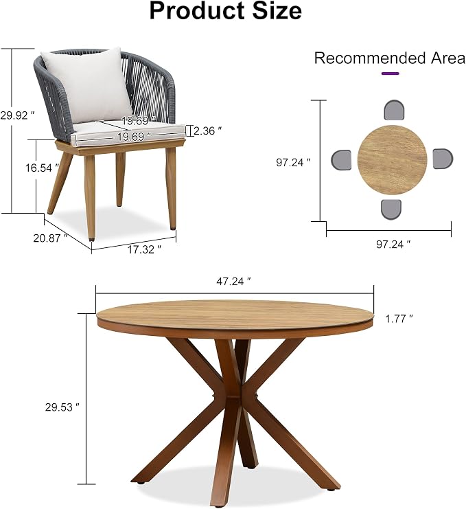 PURPLE LEAF 5 Pieces Patio Dining Set Wicker Outdoor Furniture Oversize Round Table and Chairs Set for Garden Deck Teak-Finish Aluminum Frame Backyard Kitchen Set, Cushions and Pillows Included